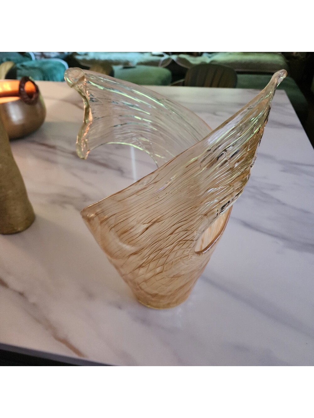 Murano Style Hand Blown Gold Art Glass Wave Vase Amber Freeform Italian 16"